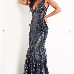 Jovani Black and Silver Backless Dress